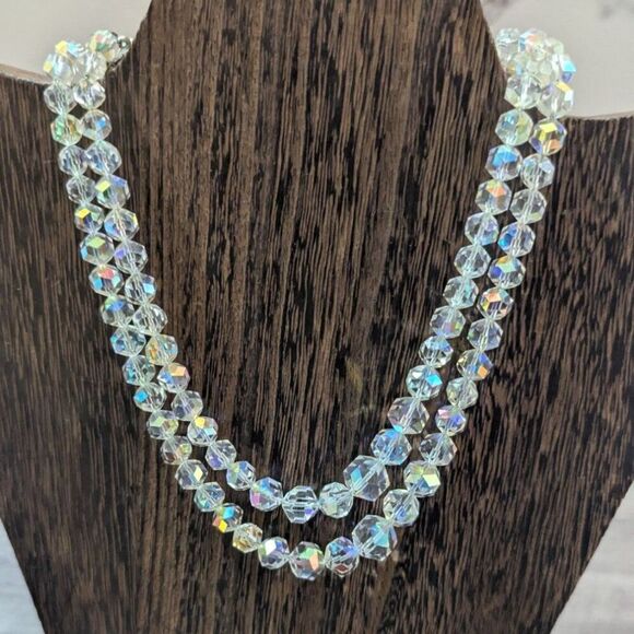 Vintage Double-Strand Crystal Beaded Choker Necklace 15" Aurora Borealis Sparkle - Picture 4 of 6